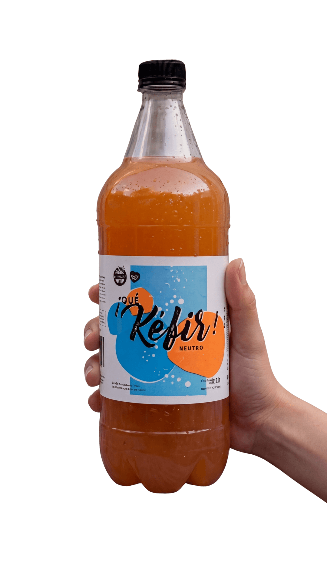 Botella de ¡Qué Kéfir! con stickers de sabores